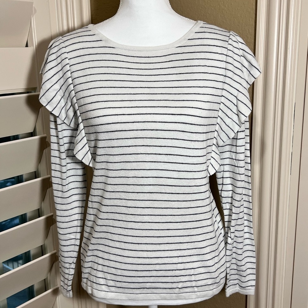Ana Long Sleeve Black & White Stripe Sweater Ruffle Accents